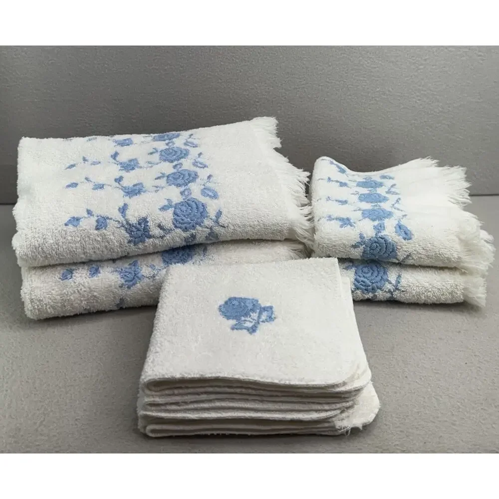 VTG Dundee 7pc Towel Set Blue Floral Rose Embroidered READ